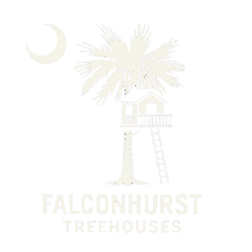 Falconhurst Treehouses logo with palm tree, moon, and ladder