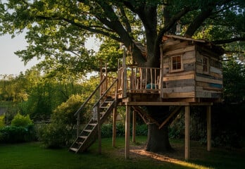 Rustic wooden treehouse nestled among green trees in a sunny backyard