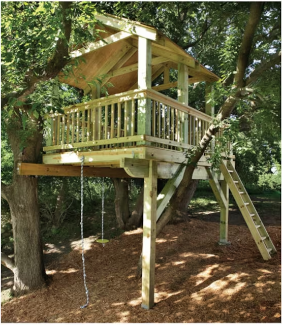 Custom treehouse with elevated platform and swings
