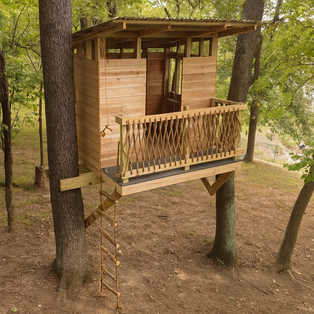 Treehouse with decorative railing supported by trees